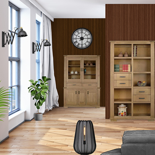 Cozy living room with wooden walls and comfortable sofa